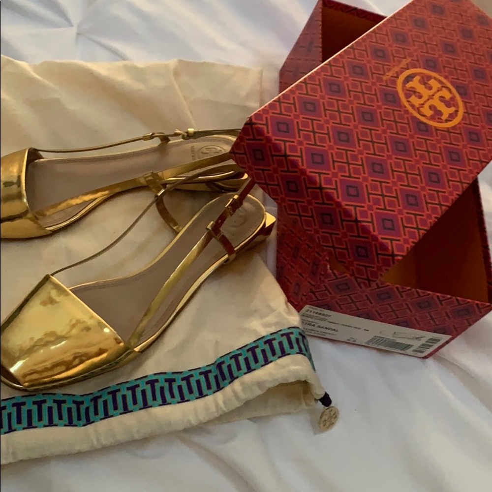 Tory Burch gold pietra sandal with dust bag, box - Picture 3 of 5